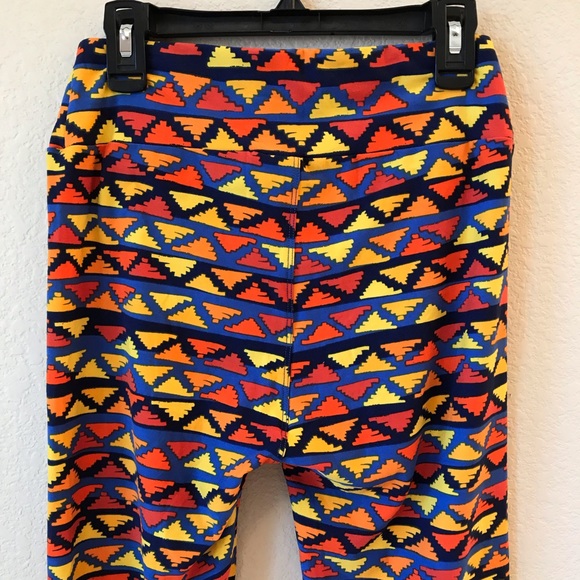 Lularoe Leggings Tights One Size Triangle Print Fall Colors Orange Yellow Blue - Picture 6 of 10